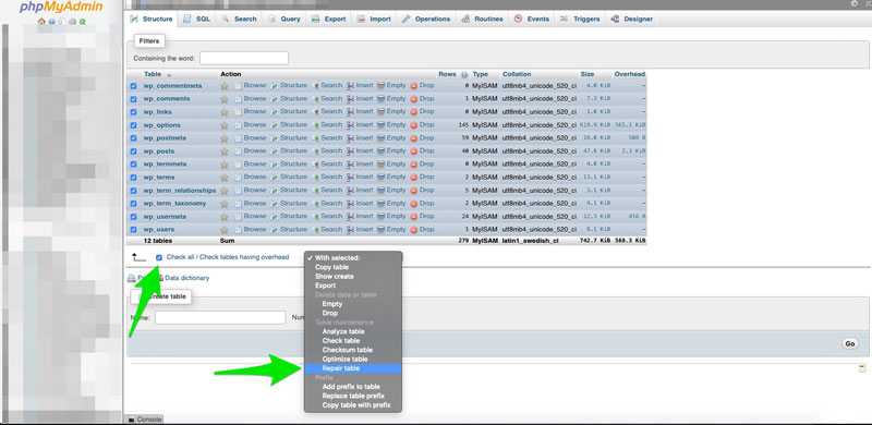 How to repair database tables in phpMyAdmin